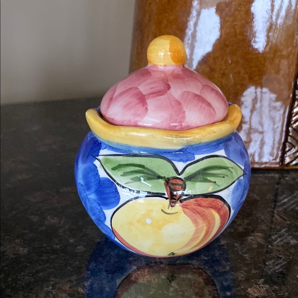FREE WITH PURCHASE.  Colourful Ceramic Sugar Bowl with Lid.  EUC